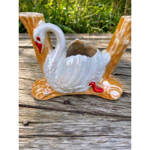 Vintage 1950s Lusterware Swan Planter With Vases - Picture 3 of 13